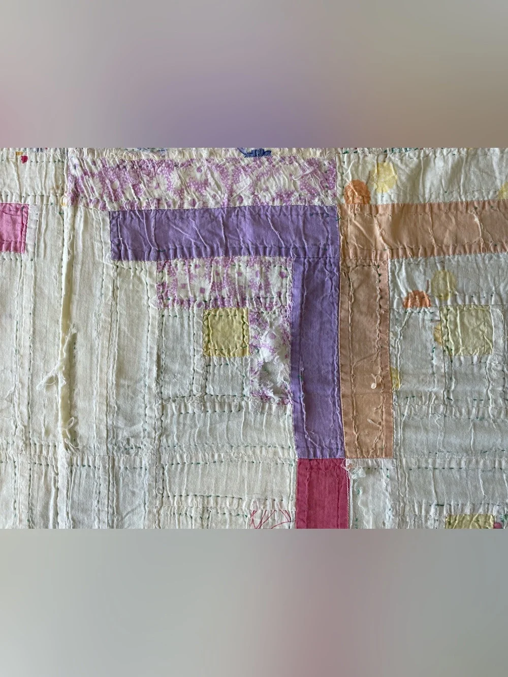 Vintage 1930s 40s Feedsack Log Cabin Quilt Hand Quilted Cutter Folk Art